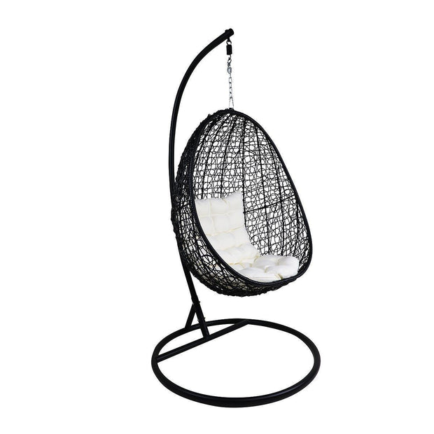 This is a product image of Black Cocoon Swing Chair White Cushion. It can be used as an Outdoor Furniture