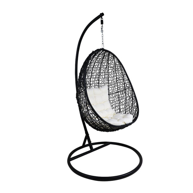 This is a product image of Black Cocoon Swing Chair White Cushion. It can be used as an Outdoor Furniture.