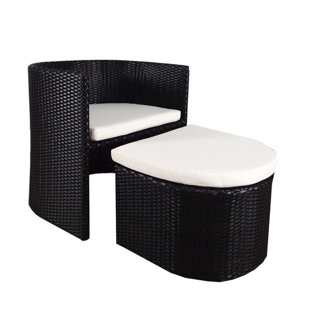 This is a product image of Caribbean 1 Armchair + Ottoman Patio Set White Cushion. It can be used as an Outdoor Furniture