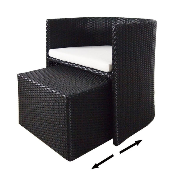 This is a product image of Caribbean 1 Armchair + Ottoman Patio Set White Cushion. It can be used as an Outdoor Furniture