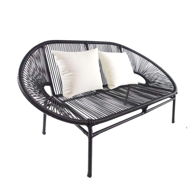 This is a product image of Shelton Loveseat 2 White Pillows + Coffee Table. It can be used as an Outdoor Furniture.