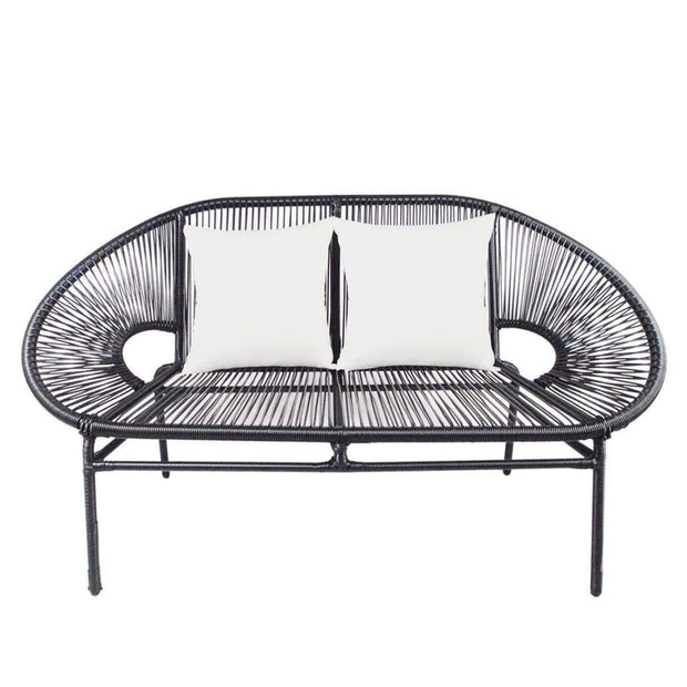 This is a product image of Shelton Loveseat 2 White Pillows + Coffee Table. It can be used as an Outdoor Furniture.