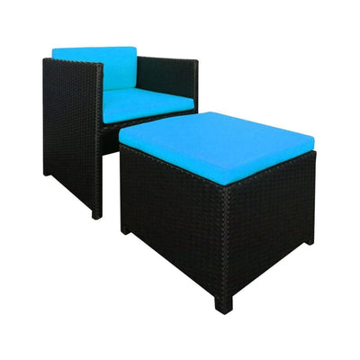 This is a product image of Splendor 1 Seater Armchair + Ottoman Blue Cushion (OPEN BOX SALE). It can be used as an Outdoor Furniture