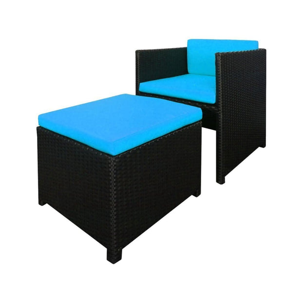 This is a product image of Splendor 1 Seater Armchair + Ottoman Blue Cushion (OPEN BOX SALE). It can be used as an Outdoor Furniture