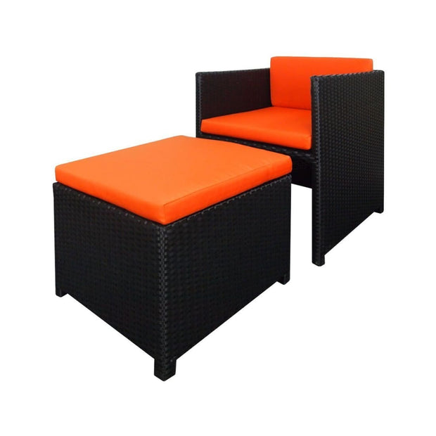 This is a product image of Splendor 1 Seater Armchair + Ottoman Orange Cushion (OPEN BOX SALE). It can be used as an Outdoor Furniture