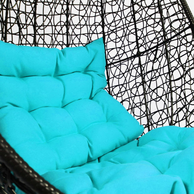 This is a product image of Black Cocoon Swing Chair Blue Cushion. It can be used as an Outdoor Furniture.