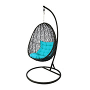 This is a product image of Black Cocoon Swing Chair Blue Cushion. It can be used as an Outdoor Furniture.
