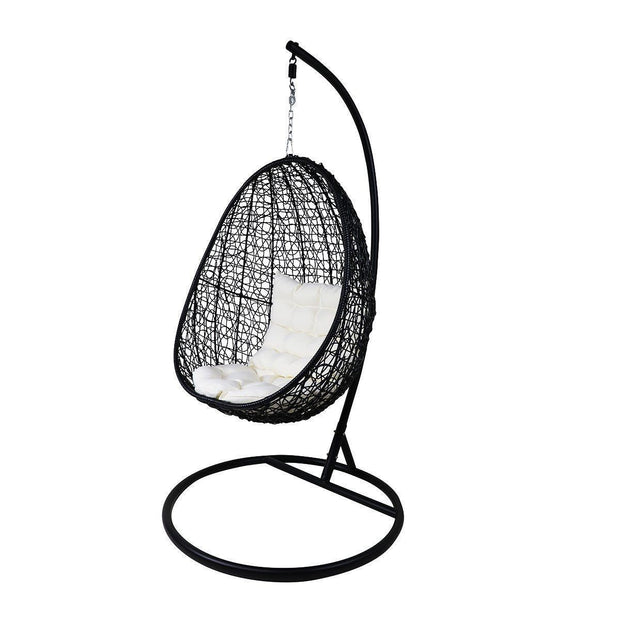 This is a product image of Black Cocoon Swing Chair White Cushion. It can be used as an Outdoor Furniture.