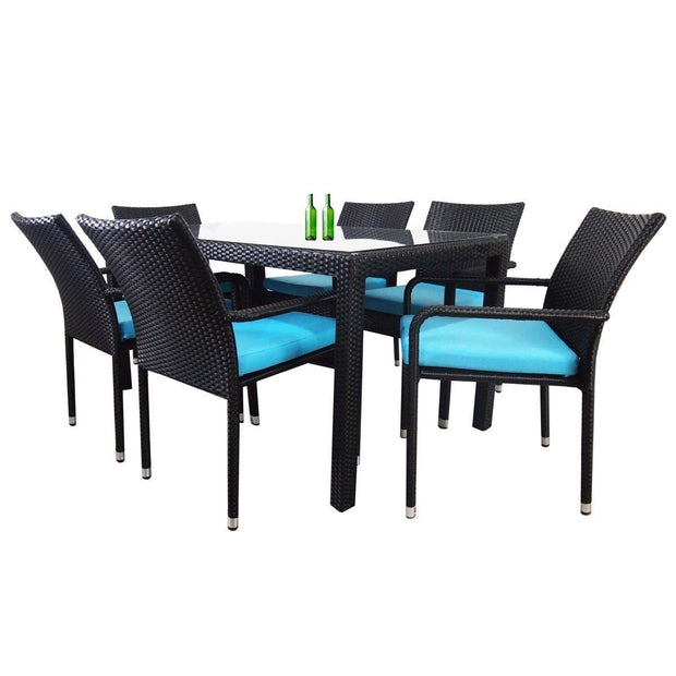 This is a product image of Boulevard 6 Chair Dining Set Blue Cushions. It can be used as an Outdoor Furniture.
