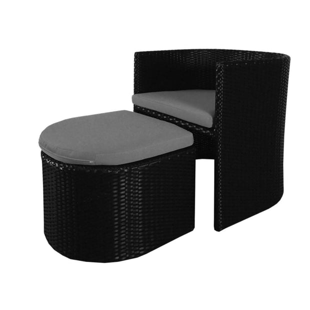 This is a product image of Caribbean 1 Armchair + Ottoman Patio Set Grey Cushion. It can be used as an Outdoor Furniture