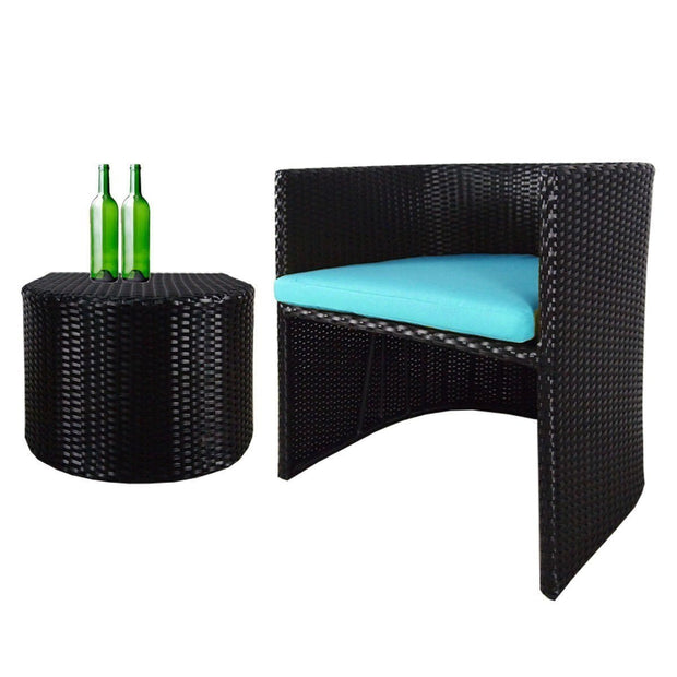 This is a product image of Caribbean 1 Chair + 1 Ottoman Set Blue Cushion. It can be used as an Outdoor Furniture.