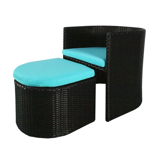 This is a product image of Caribbean 1 Chair + 1 Ottoman Set Blue Cushion. It can be used as an Outdoor Furniture.