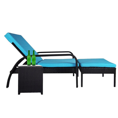 This is a product image of Ferraria Sunbed Blue Cushion + Coffee Table. It can be used as an Outdoor Furniture.