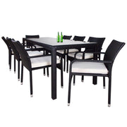 This is a product image of Geneva 8 Chair Dining Set White Cushion. It can be used as an Outdoor Furniture.