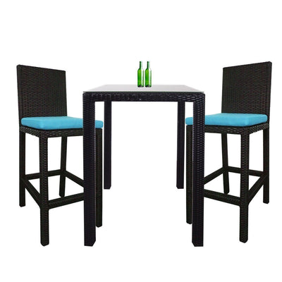 This is a product image of Midas 2 Chair Bar Set Blue Cushion (OPEN BOX). It can be used as an Outdoor Furniture.
