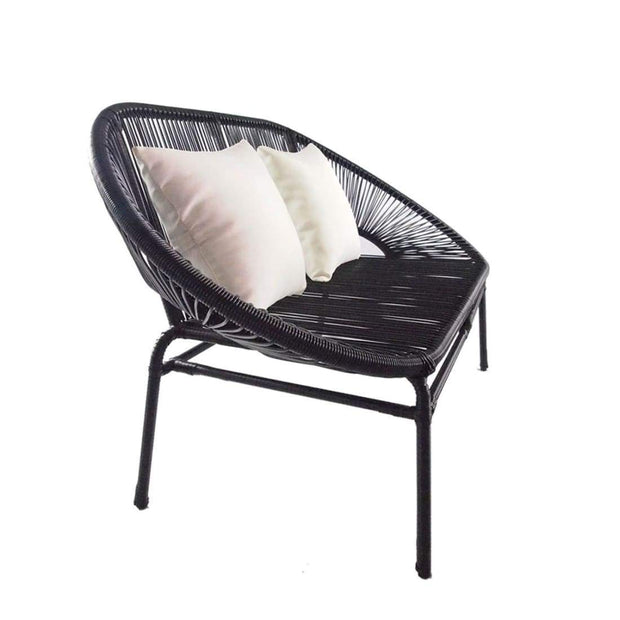 This is a product image of Shelton Loveseat 2 White Pillows + Coffee Table. It can be used as an Outdoor Furniture.