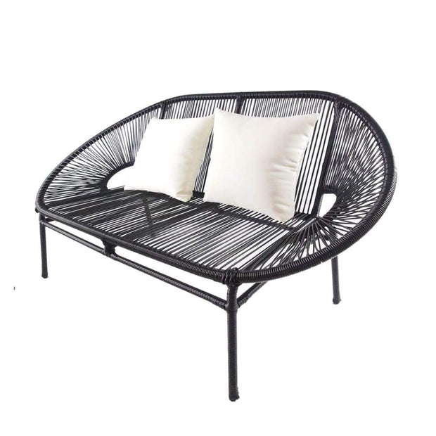 This is a product image of Shelton Loveseat 2 White Pillows + Coffee Table. It can be used as an Outdoor Furniture.