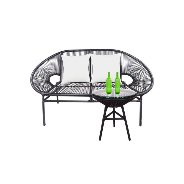 This is a product image of Shelton Loveseat 2 White Pillows + Coffee Table. It can be used as an Outdoor Furniture.