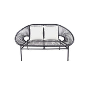 This is a product image of Shelton Loveseat 2 White Pillows + Coffee Table. It can be used as an Outdoor Furniture.