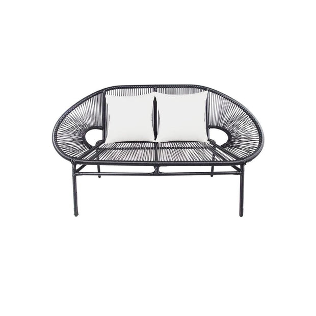 This is a product image of Shelton Loveseat 2 White Pillows + Coffee Table. It can be used as an Outdoor Furniture.