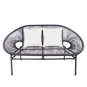 This is a product image of Shelton Loveseat 2 White Pillows + Coffee Table. It can be used as an Outdoor Furniture.