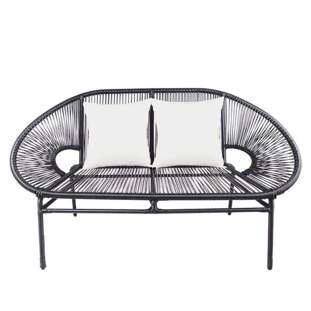 This is a product image of Shelton Loveseat White Pillow + Coffee Table. It can be used as an Outdoor Furniture.
