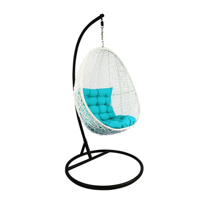 This is a product image of White Cocoon Swing Chair Blue Cushion. It can be used as an Outdoor Furniture.