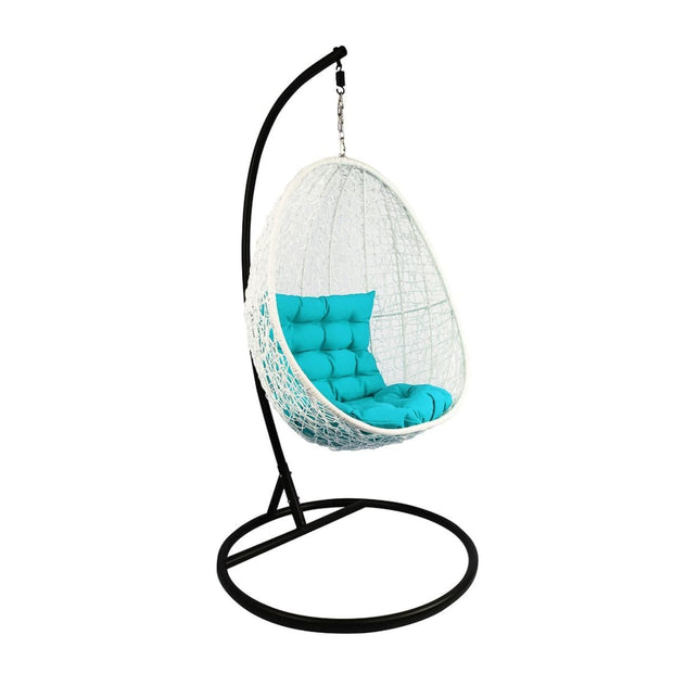 This is a product image of White Cocoon Swing Chair Blue Cushion. It can be used as an Outdoor Furniture.