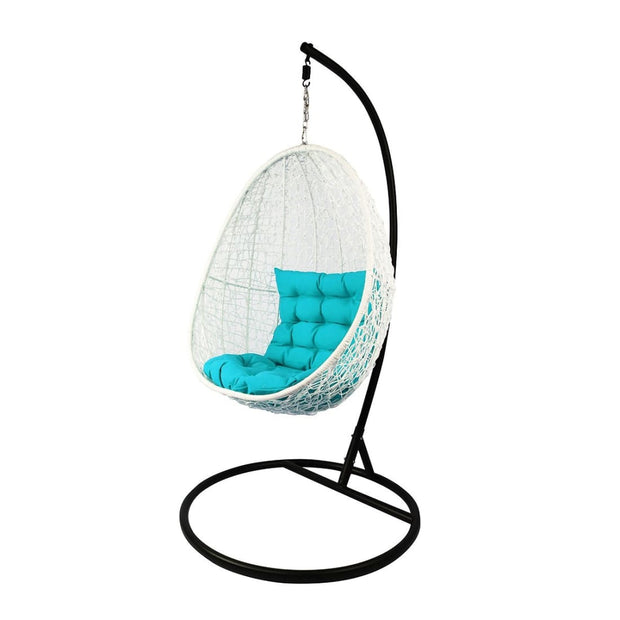 This is a product image of White Cocoon Swing Chair Blue Cushion. It can be used as an Outdoor Furniture.