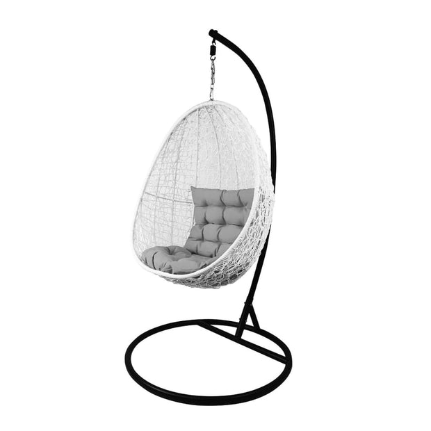 This is a product image of White Cocoon Swing Chair Grey Cushion. It can be used as an Outdoor Furniture.