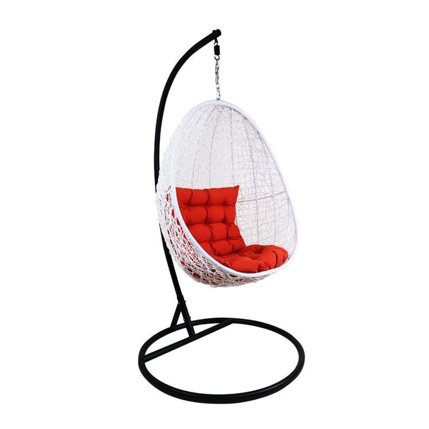 This is a product image of White Cocoon Swing Chair Orange Cushion. It can be used as an Outdoor Furniture.