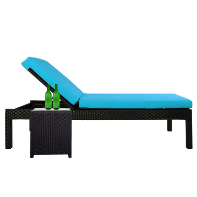 This is a product image of Wikiki Sunbed Blue Cushion + Coffee Table. It can be used as an Outdoor Furniture.